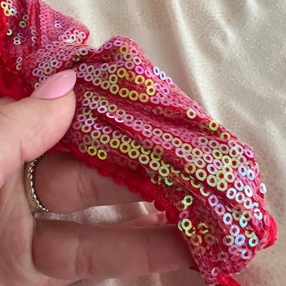 Victoria's Secret red sequin shimmer bow mesh thong panties underwear size small - Picture 8 of 9